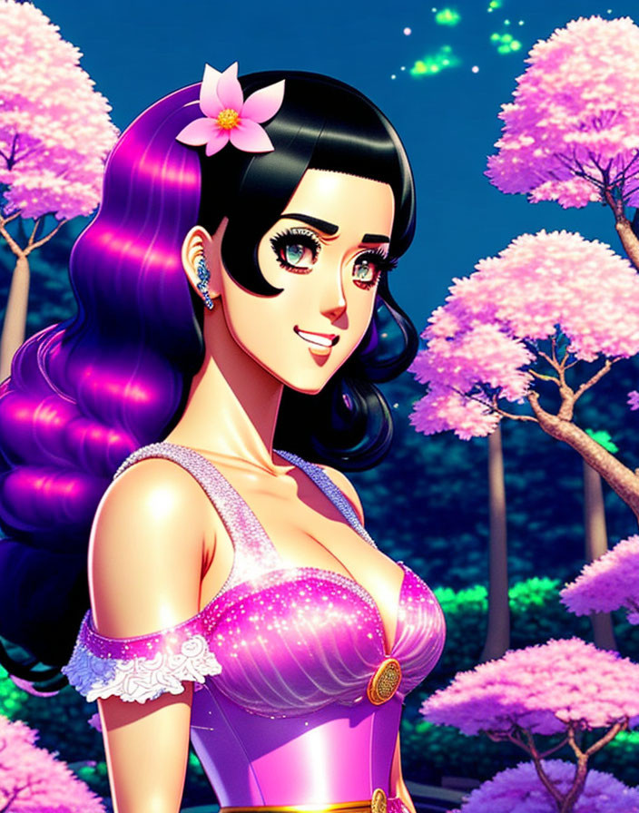 Purple-haired animated character in pink dress with flower, set in cherry blossom background