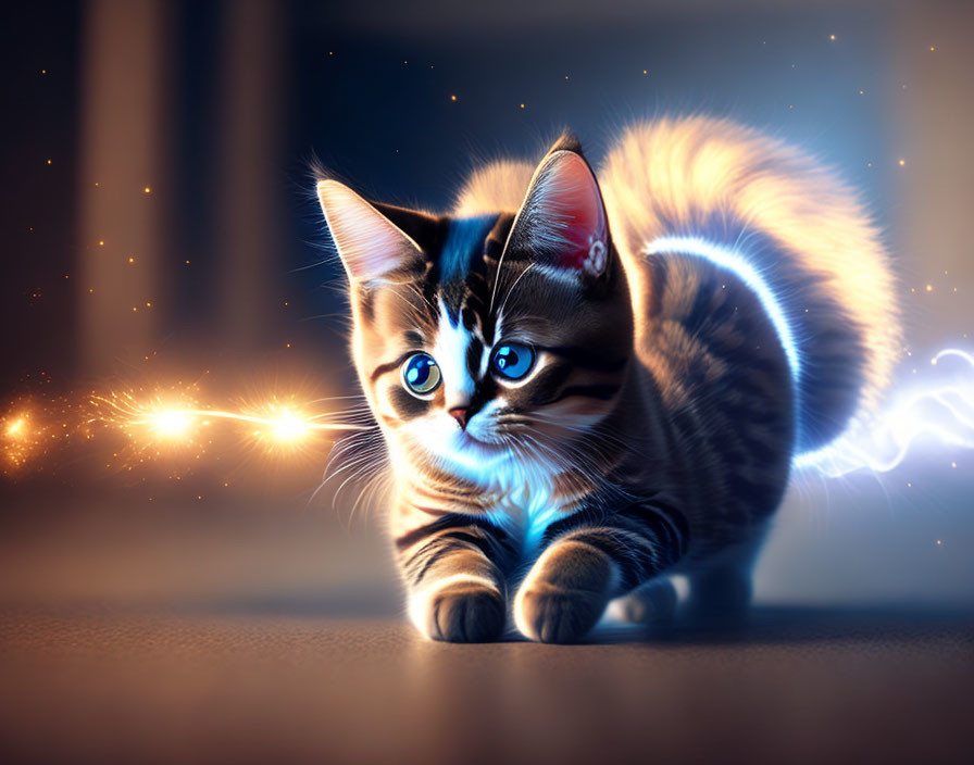 Digitally illustrated kitten with glowing blue eyes and luminous stripes on dark background