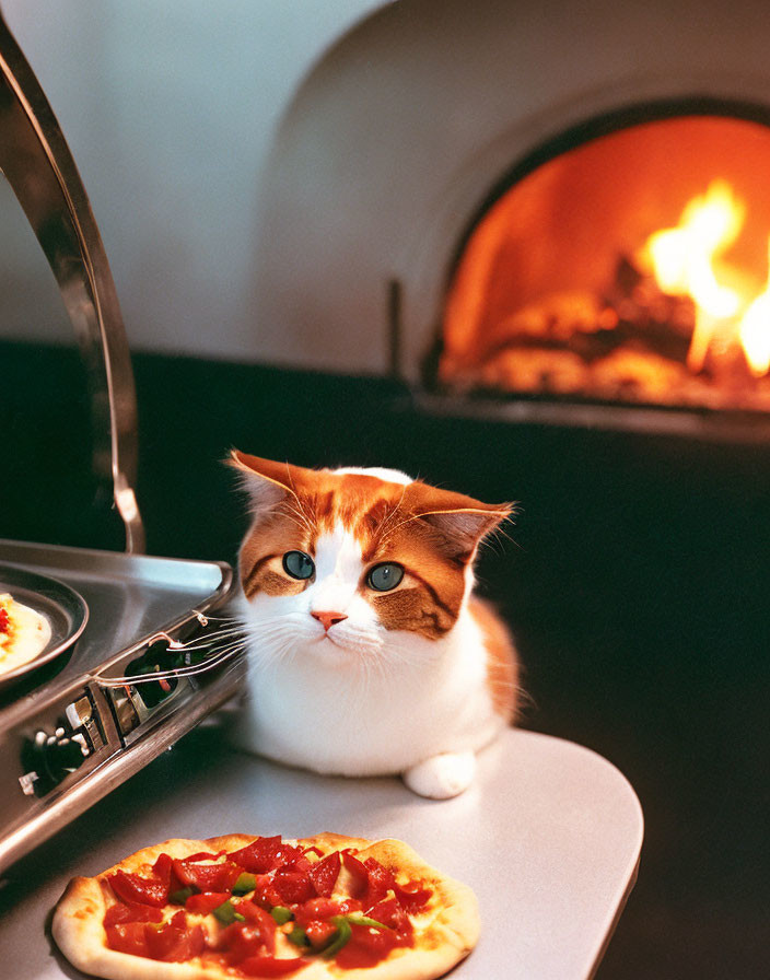 Blue-eyed cat next to freshly cooked pizza and glowing wood-fired oven