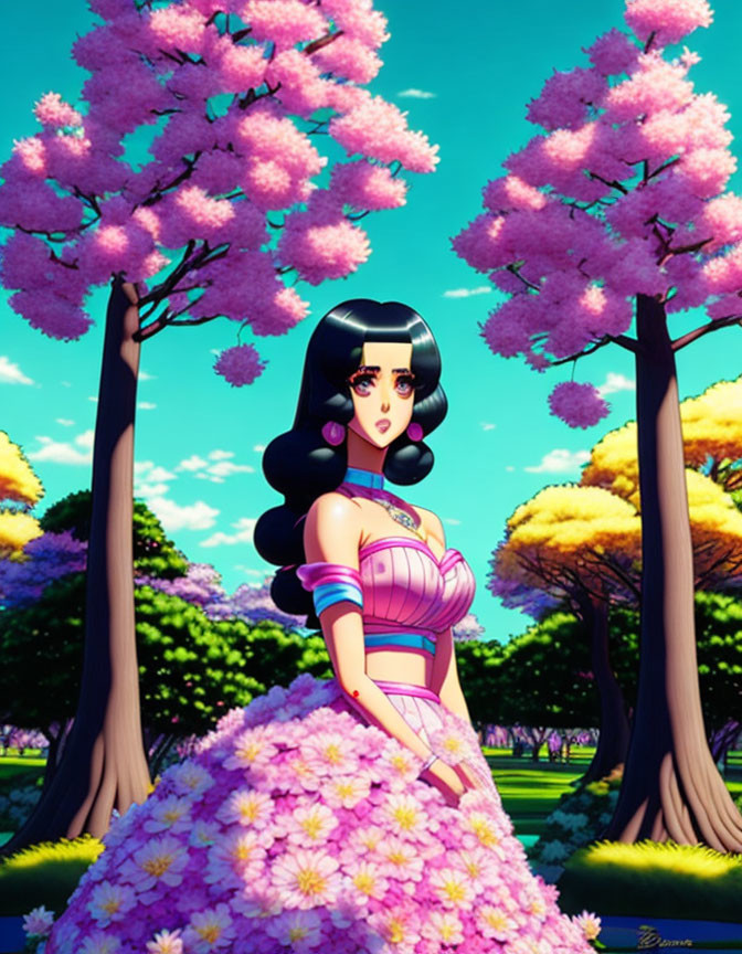 Illustrated woman in pink dress amid vibrant pink trees