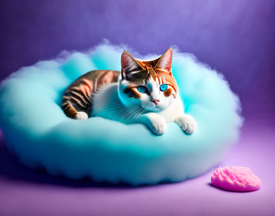 Colorful Cat with Blue Eyes Resting on Cloud Cushion with Pink Brush