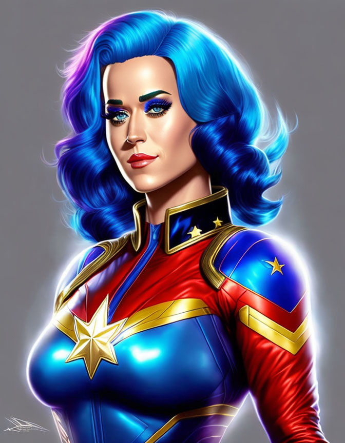 Woman with Blue Hair in Superhero Costume with Red, Blue, and Gold Colors