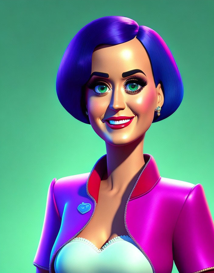 Vibrant 3D illustration of a woman with blue hair and green eyes in pink jacket against