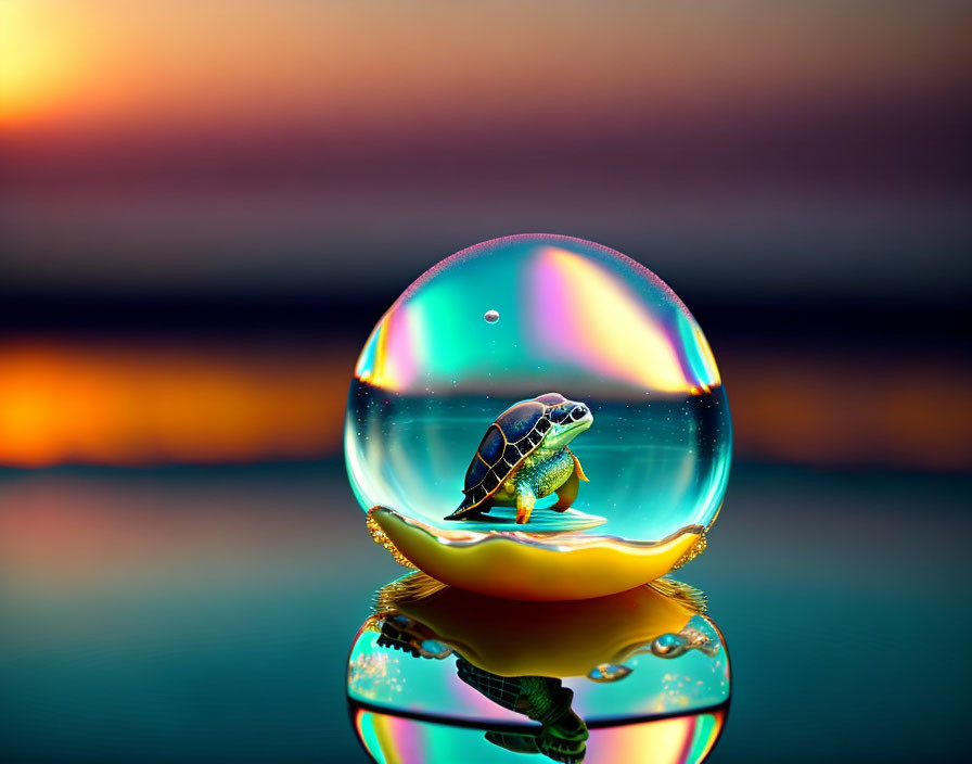 Iridescent bubble encapsulating turtle on water surface at sunset