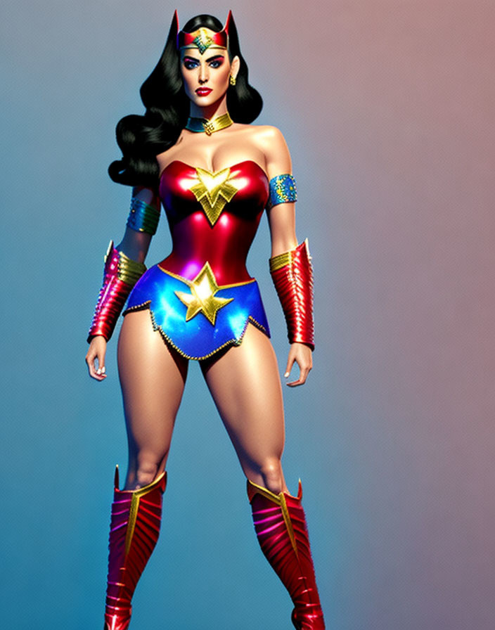 Iconic Wonder Woman costume in red, blue, and gold with star-spangled details