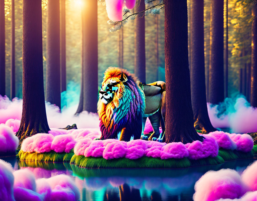 Colorful Lion with Rainbow Mane in Whimsical Forest