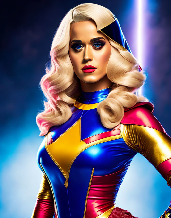 Superhero woman digital artwork in gold, blue, and red costume on dramatic blue-lit background