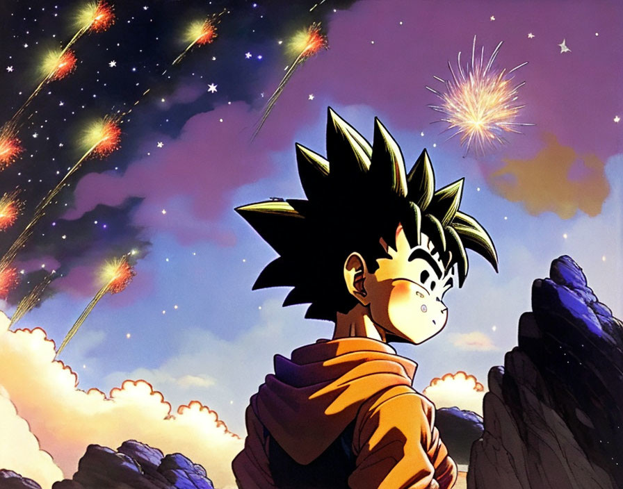 Spiky-haired animated character admires colorful fireworks