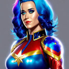 Woman with Blue Hair in Superhero Costume with Red, Blue, and Gold Colors