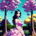 Illustrated woman in pink dress amid vibrant pink trees