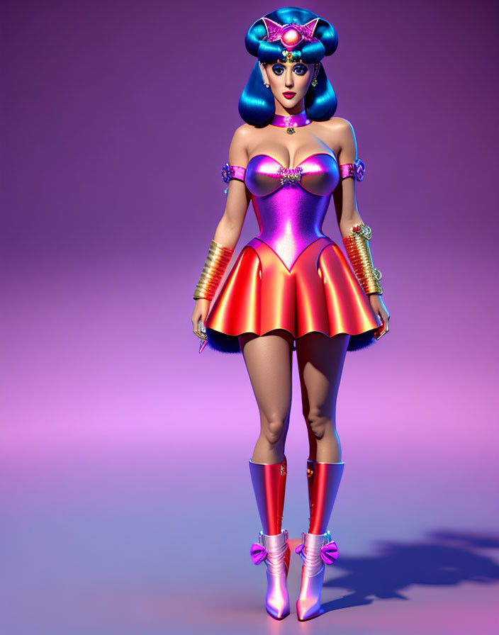 Colorful 3D render: Futuristic female character in purple and gold attire