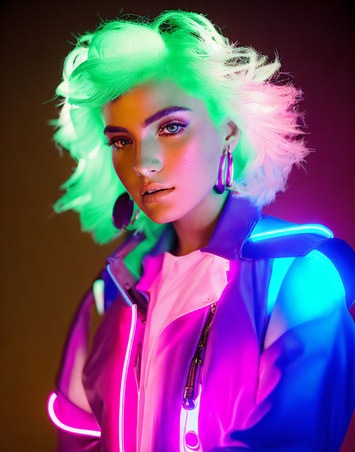 Neon green hair person in purple jacket under colorful lighting