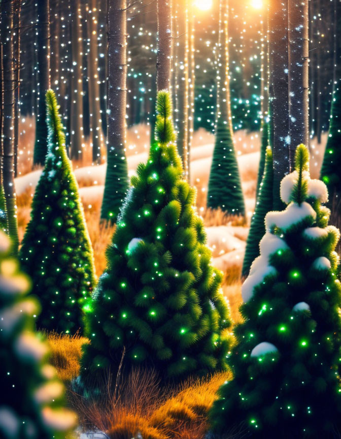 Winter Sunset Scene: Christmas Tree Forest with Snow and Green Lights