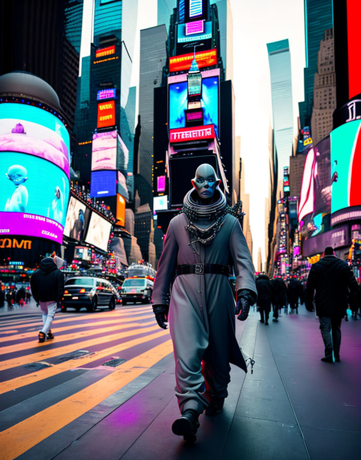 Elaborately dressed figure in white makeup at Times Square parade