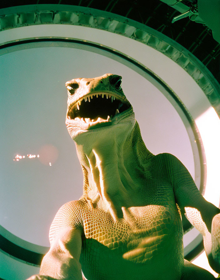 Person in Dinosaur Costume Roaring Against Round Window and Blue Sky