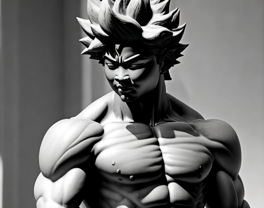 Monochrome animated figure with spiky hair and muscular physique.