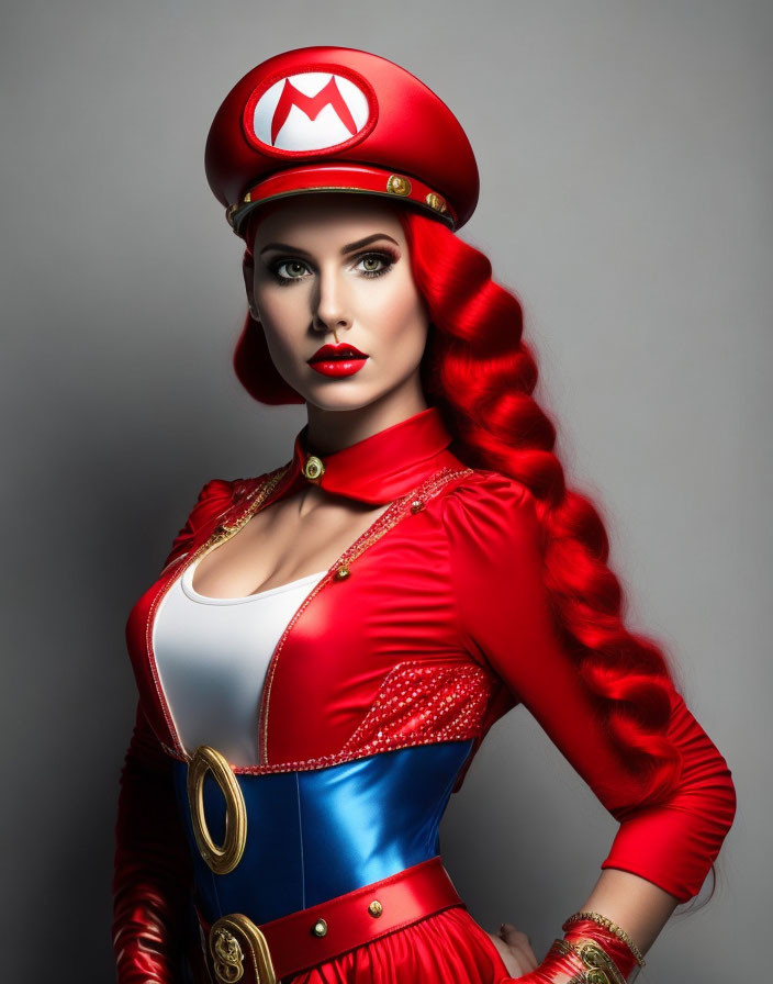 Woman in Mario-inspired costume with red cap and vibrant hair.