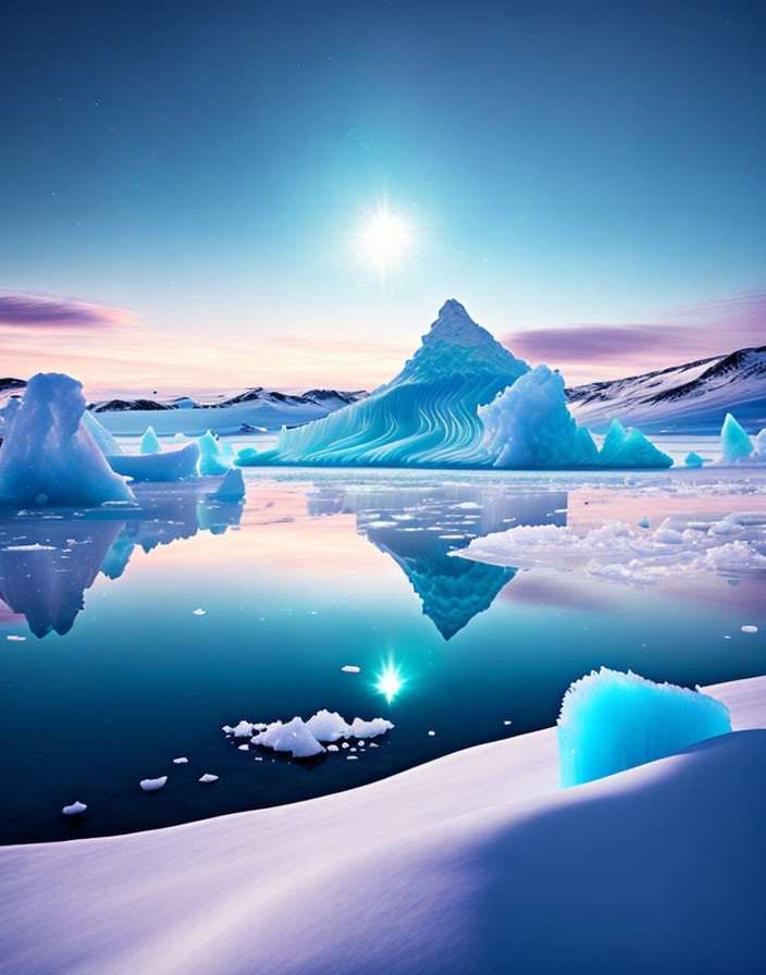 Blue icebergs under twilight sky with star reflections in serene polar landscape