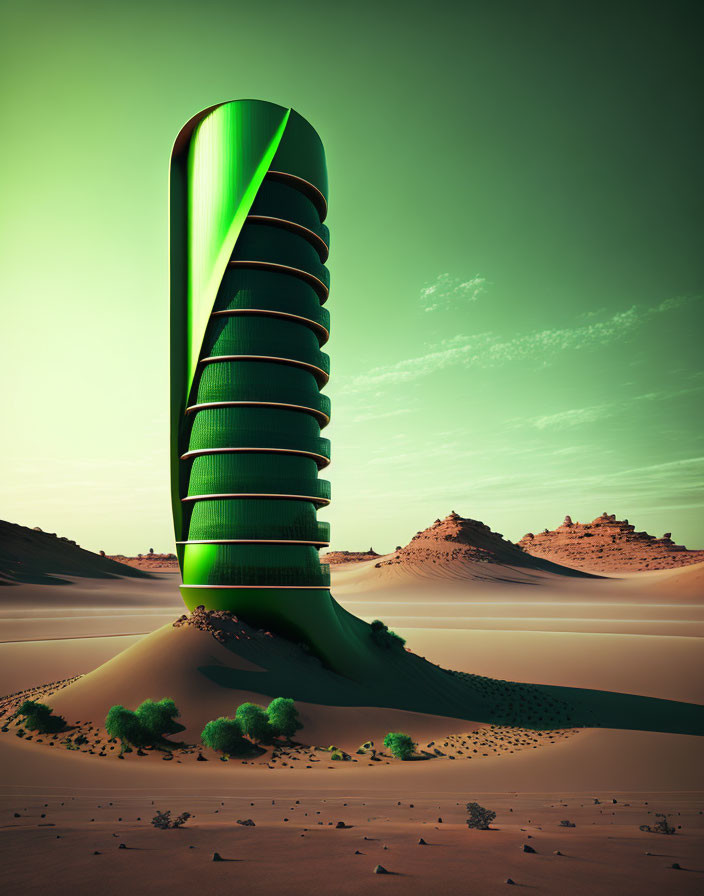 Futuristic green skyscraper with spiral design in desert landscape