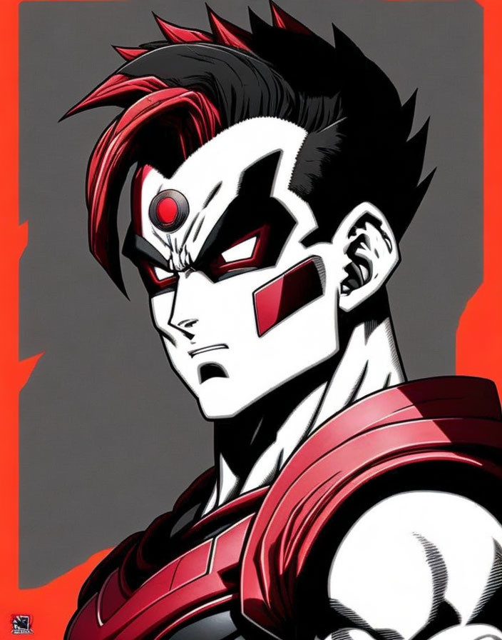 Male animated character with red eye visor and spiky hair in red and black costume on red