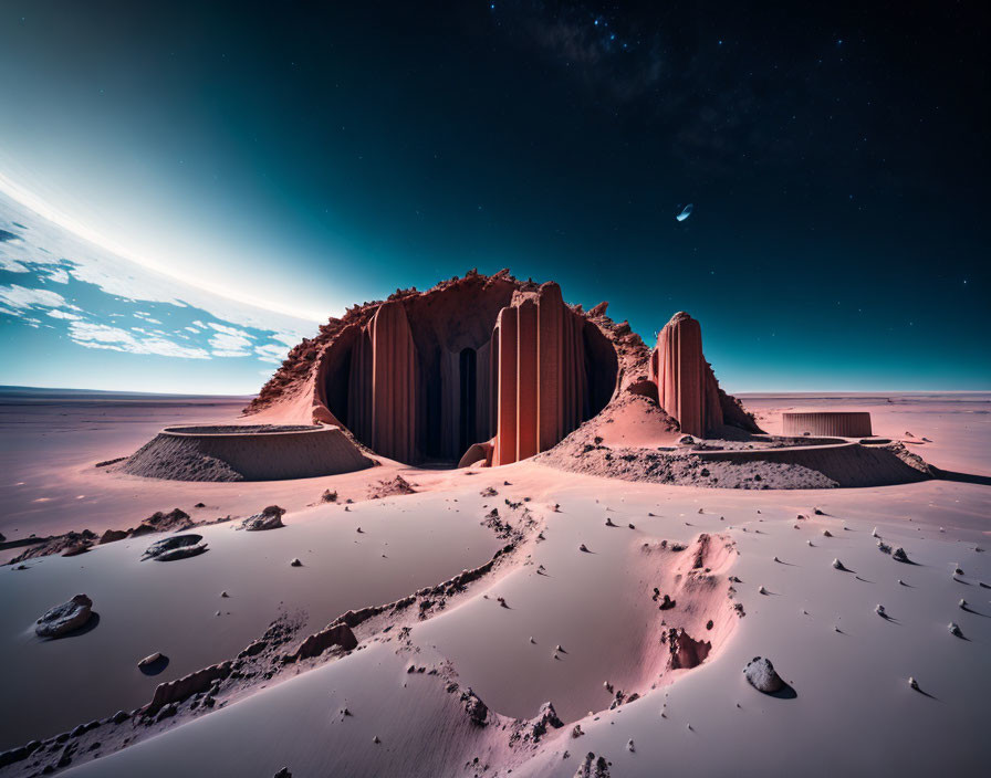 Twilight desert landscape with unique sand formations under starlit sky