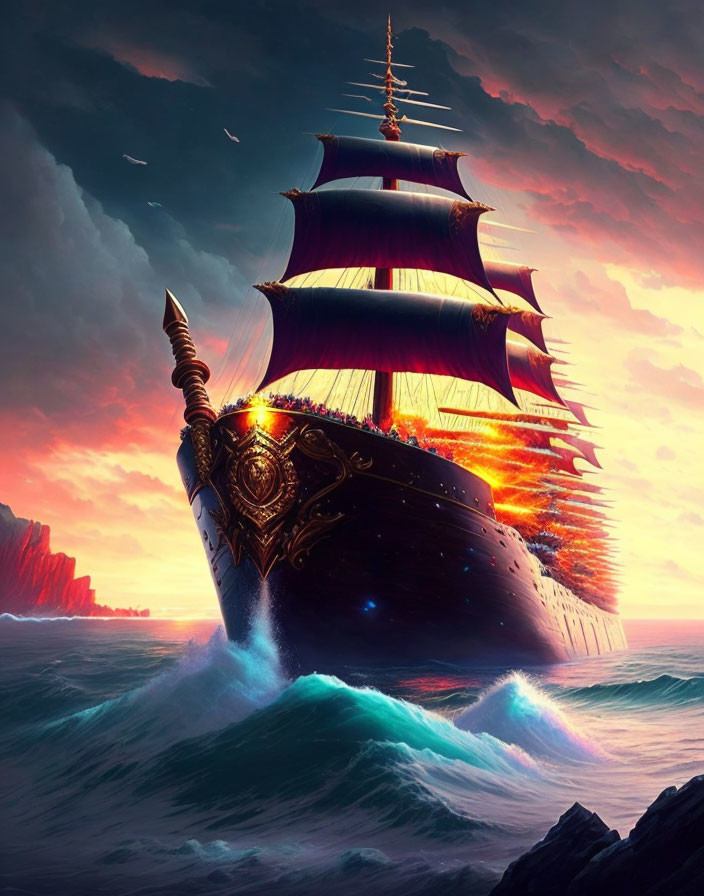 Ornate sailing ship with red sails on tumultuous waves at sunset