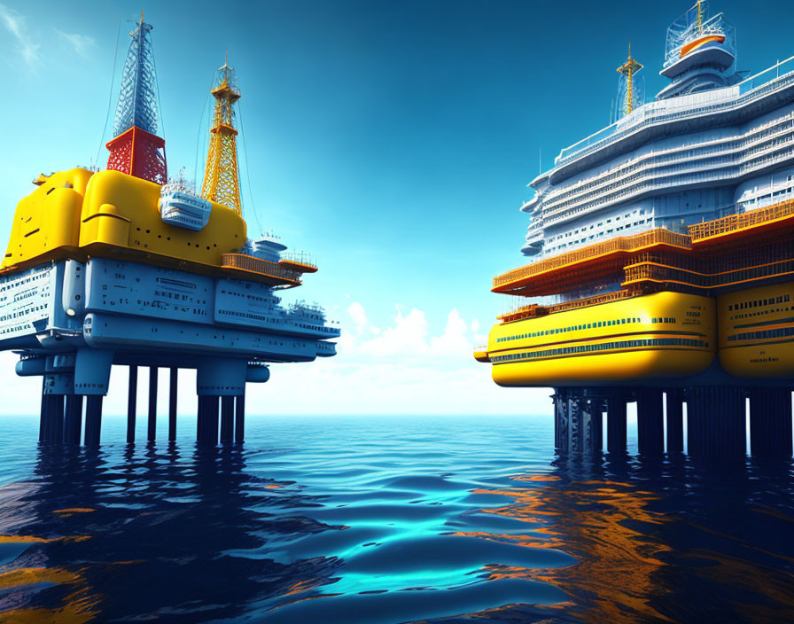 Floating Ocean Platforms with Integrated Buildings on Calm Blue Seas