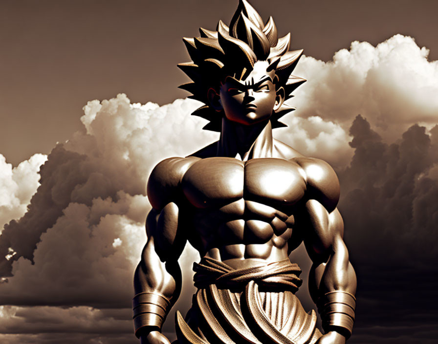 Sepia-toned image of muscular anime character with spiked hair against cloudy sky