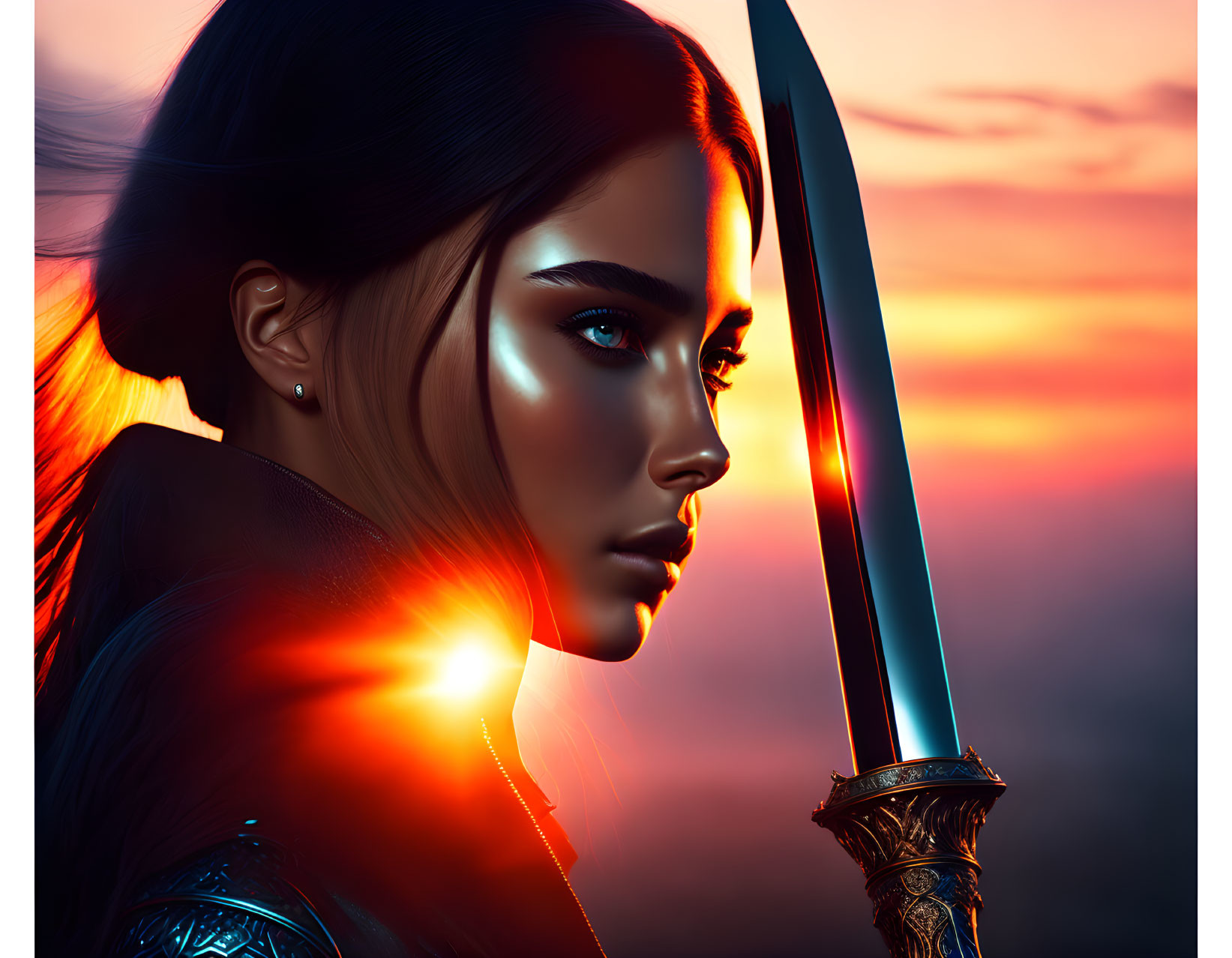 Digital artwork: Woman with luminous skin holding sword against vivid sunset