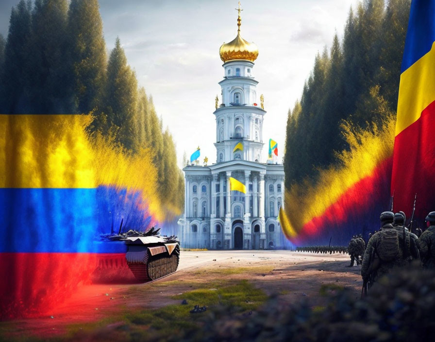 Military soldiers near church with golden domes, flag, and tank.