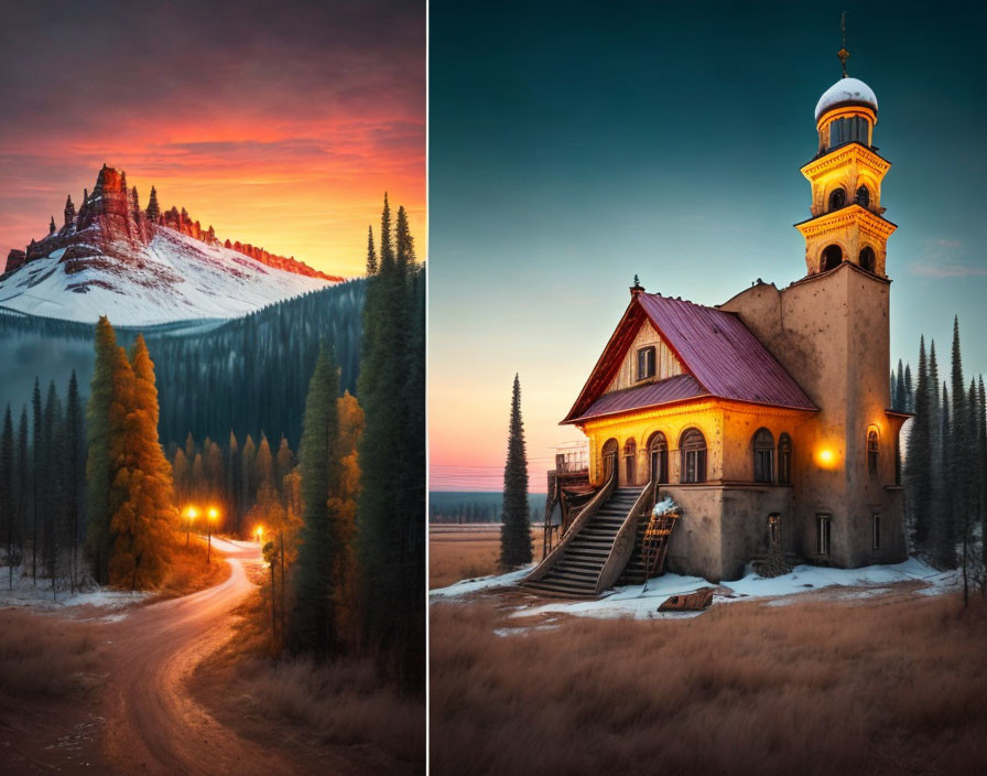 Scenic images of forest road and snow-covered mountain beside illuminated church at twilight