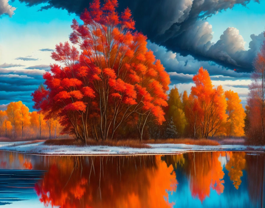 Fiery red and orange autumn landscape with tranquil lake and dramatic sky