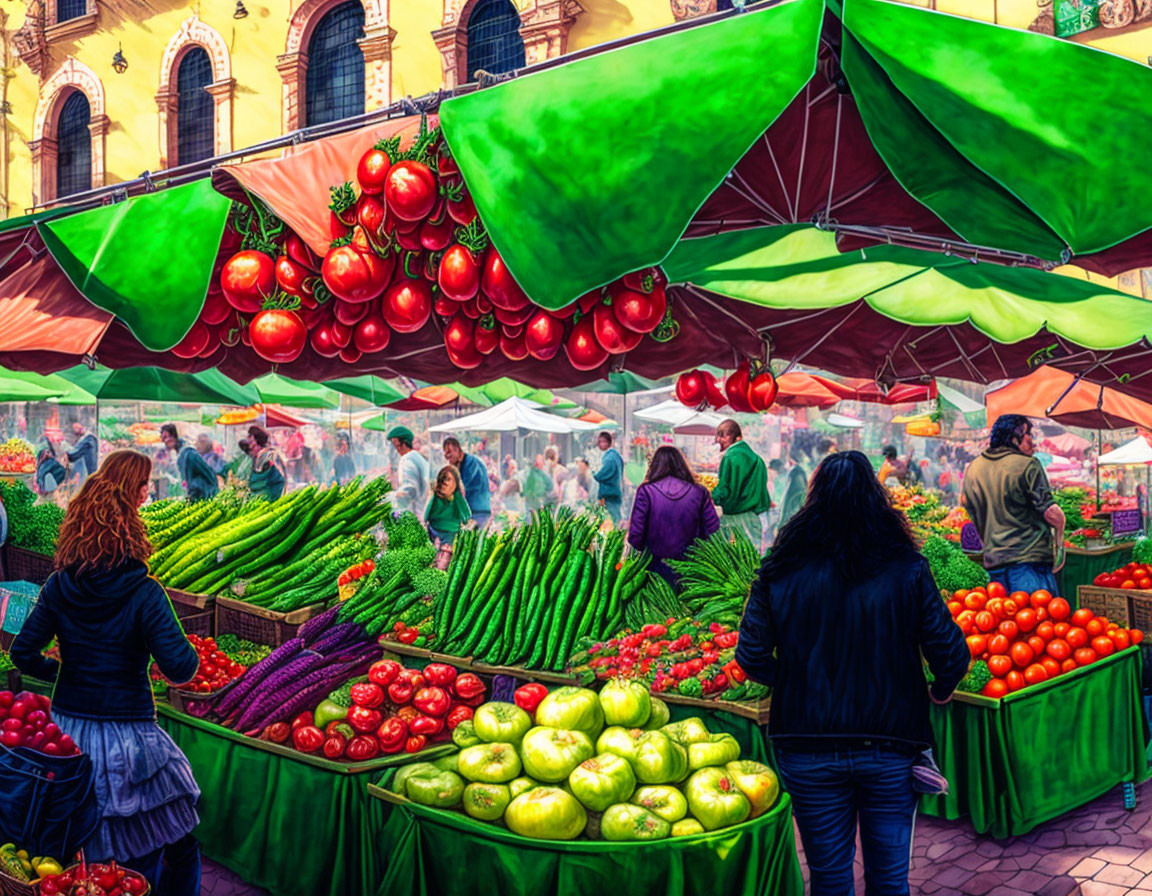 Vibrant outdoor market with fresh vegetables and shoppers browsing.