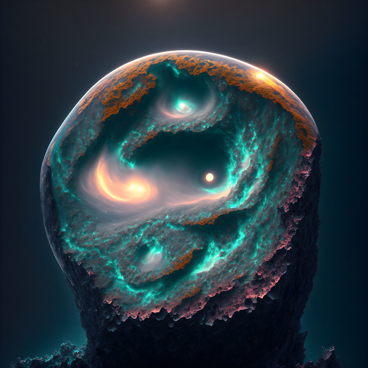 Textured glowing celestial body with orange and cyan hues in starry sky