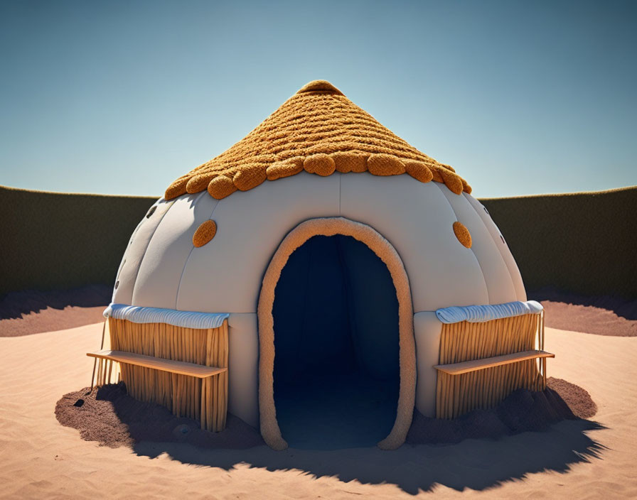 Whimsical ice cream sandwich shelter under blue sky