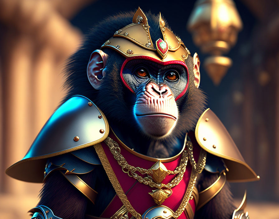 Detailed digital artwork: Chimpanzee in ornate medieval armor