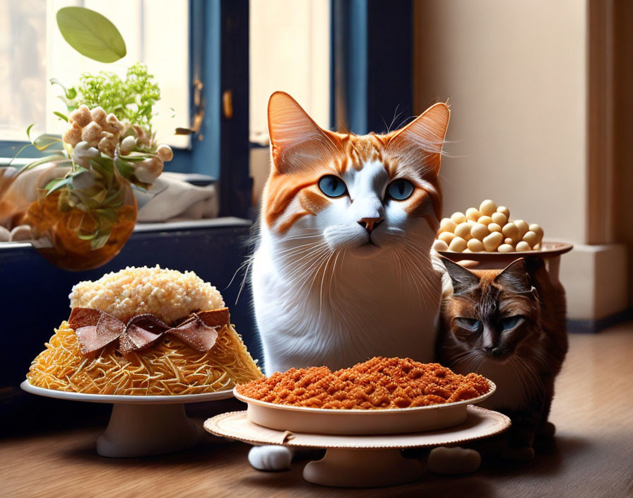 Two cats by window, one wearing pancake hat, with food plate hats in front