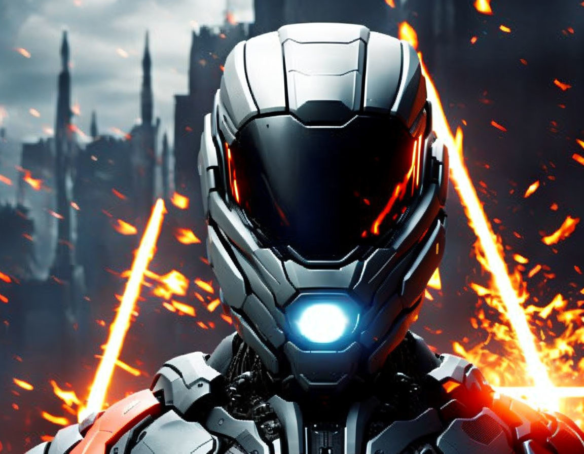 Futuristic armored suit helmet with glowing blue eyes in dystopian cityscape