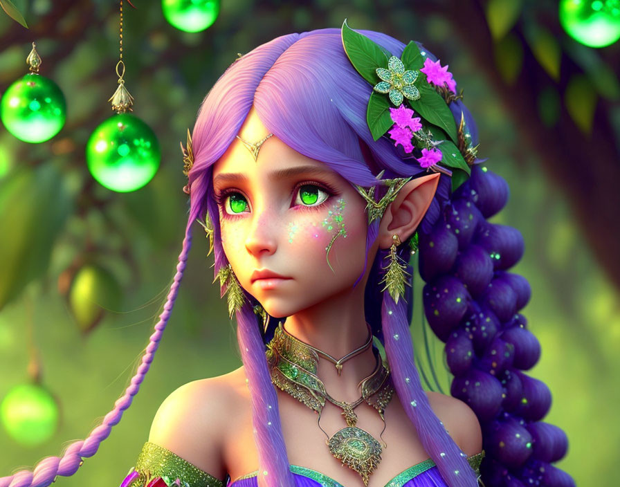 Female elf digital portrait with purple hair and green eyes, adorned with green jewelry and flowers against a nature