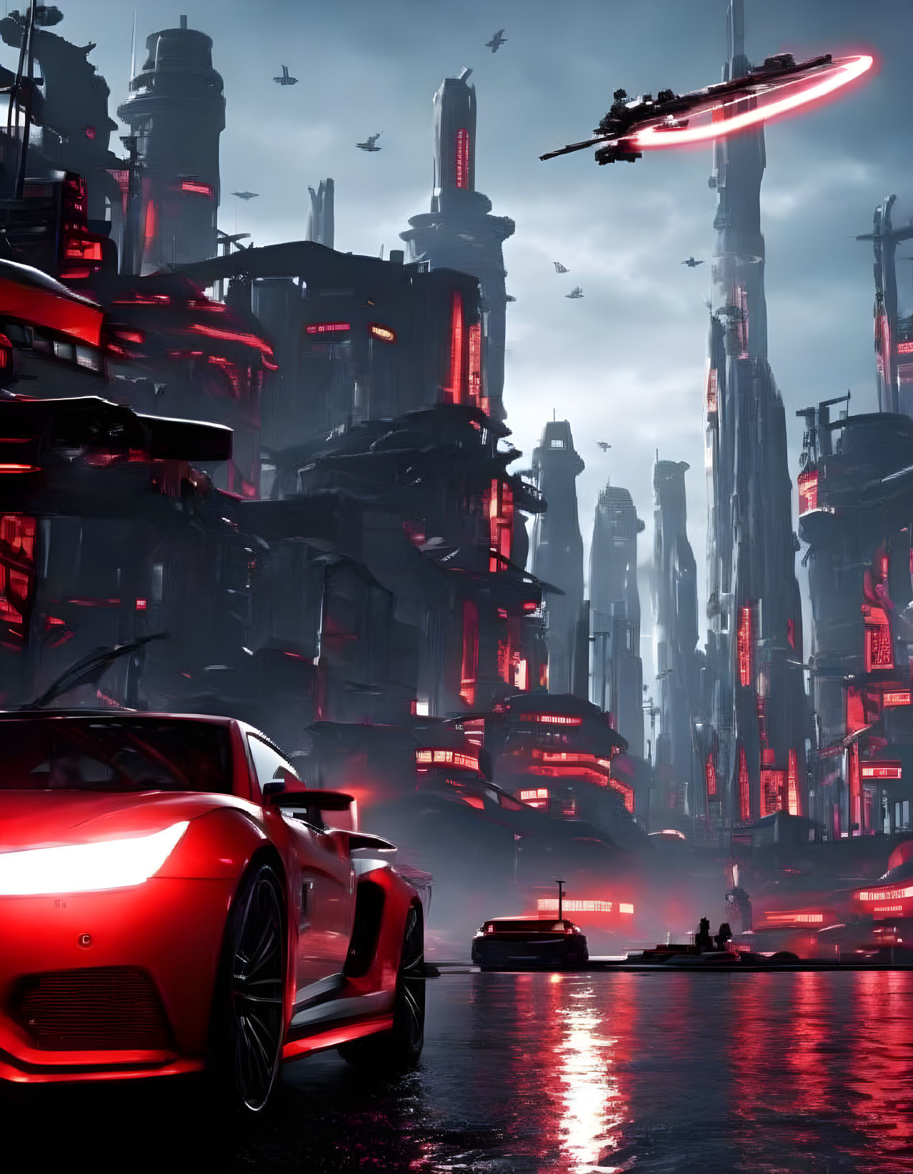 Red sports car in front of futuristic cityscape with skyscrapers, neon lights, and flying vehicles