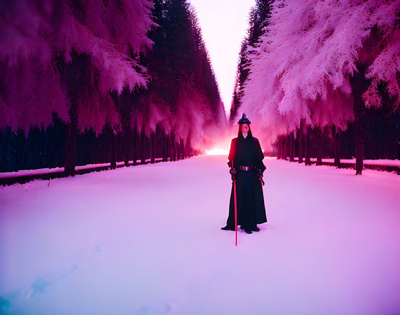 Mysterious Figure with Red Sword in Snowy Forest