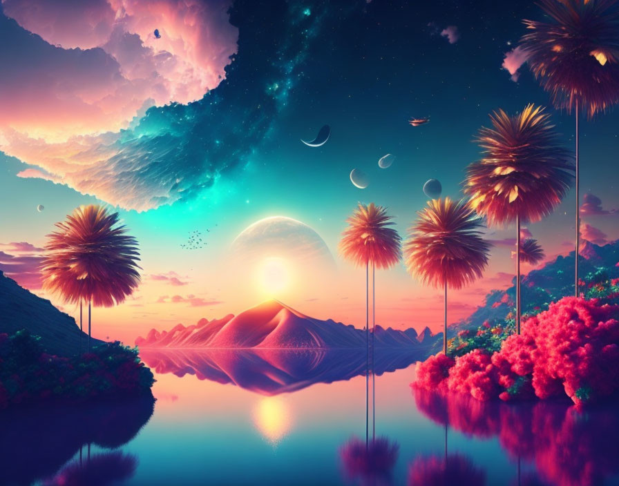 Fantasy landscape with palm trees, pink foliage, reflective lake, multiple moons, and surreal sky at