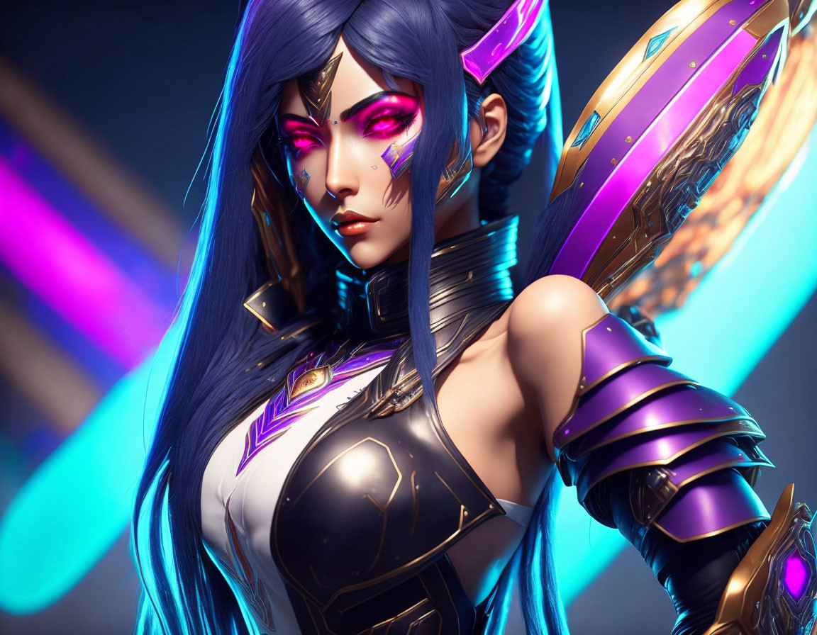 Female warrior digital artwork: purple-haired, golden armor, futuristic shield, blue gradient background