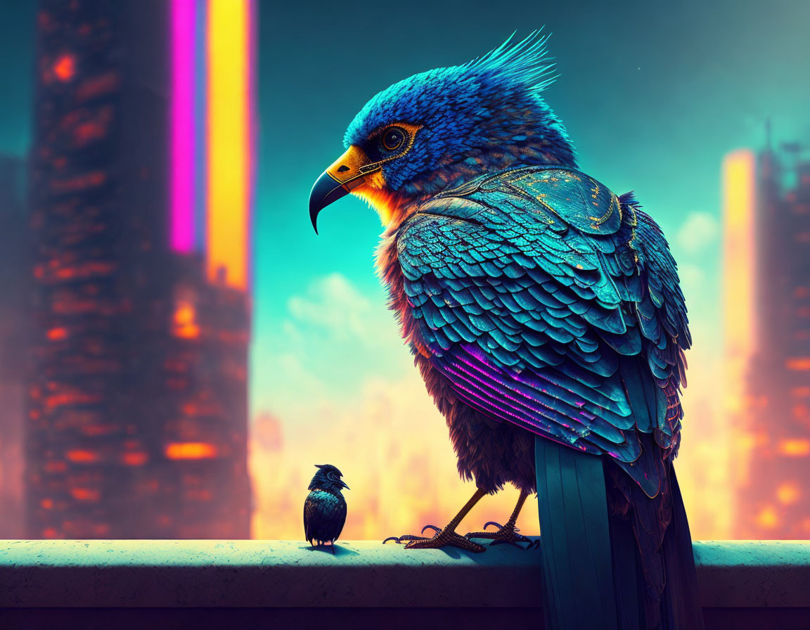 Vibrant blue bird and black bird in neon-lit cityscape at twilight