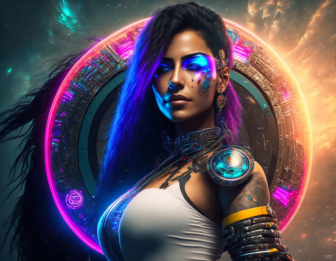 Futuristic woman with cybernetic enhancements, blue makeup, tattoos, and glowing halo.