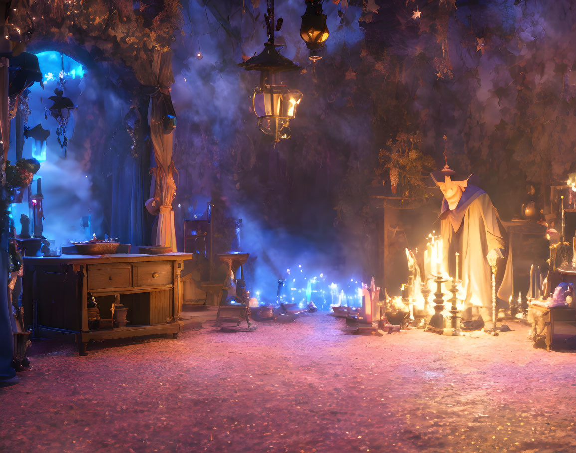 Mystical room with wizard in hat, candles, lanterns, blue lights