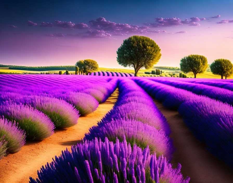 Picturesque lavender fields at sunset with trees in the background