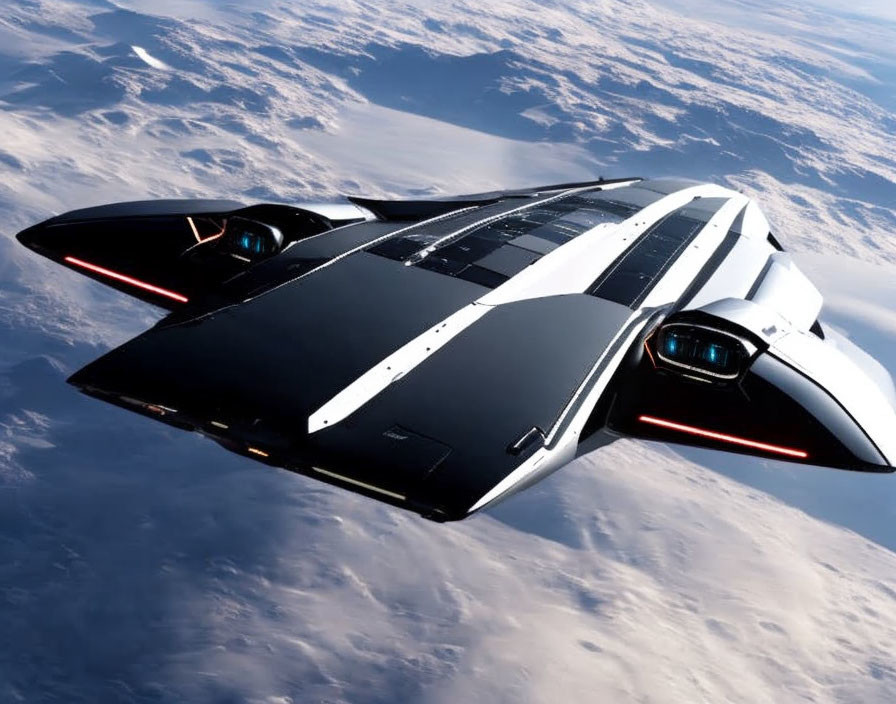 Sleek White and Black Futuristic Spaceship Gliding Above Earth's Atmosphere