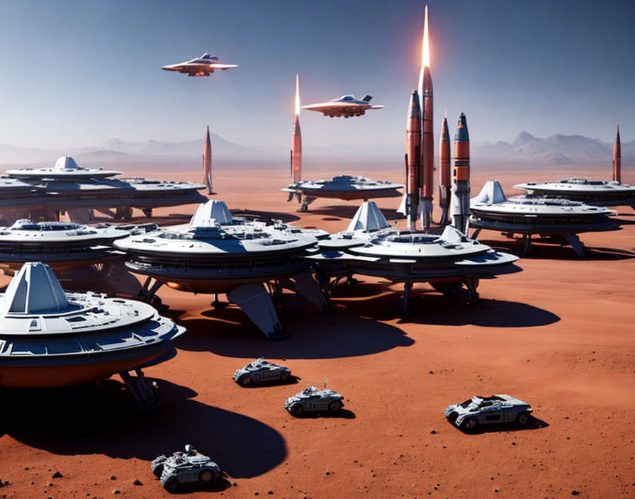 Futuristic Mars colony with saucer-shaped structures and rockets in red desert landscape