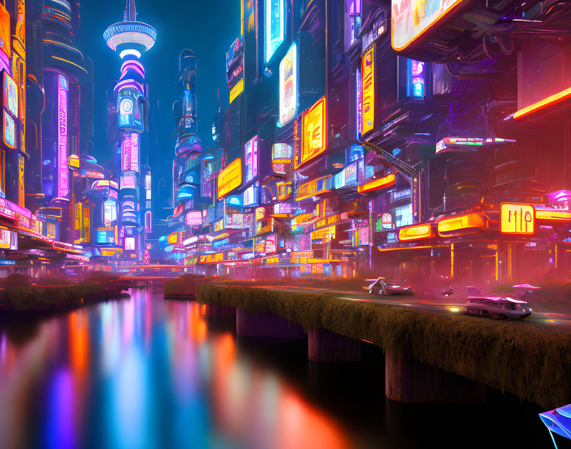 Futuristic neon-lit cityscape with skyscrapers and flying cars